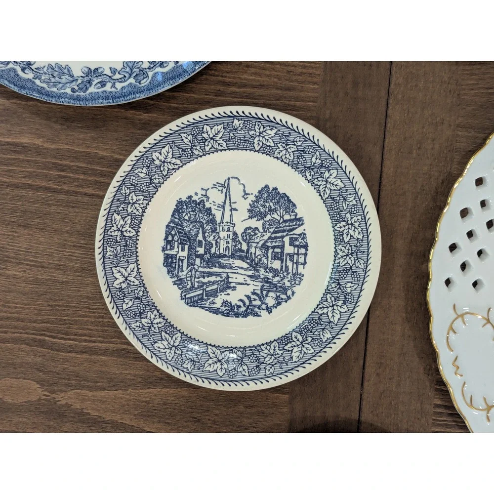 Vintage Blue White Transferware Plate Wall Gallery Set 8pc Mixed Sizes Cobalt